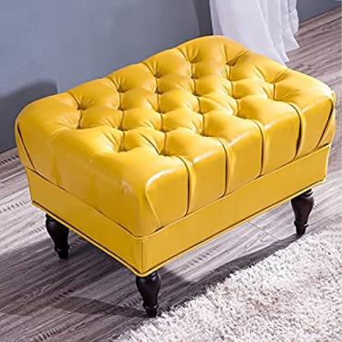Imagem de Espreguiçadeira de armazenamento, apoio para pés de madeira maciça, banco de sapato de entrada, banco rústico para sala de estar, quarto, couro amarelo, 70 x 50 x 42 cm (28 x 20 x 17 polegadas)