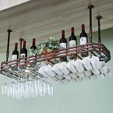 Imagem de Prateleiras de vinho modernas montadas na parede para pendurar no teto | Suporte de taça de vinho suspenso de madeira de metal | Suporte para garrafa de vinho em cubo | Acessórios de decoração de bar