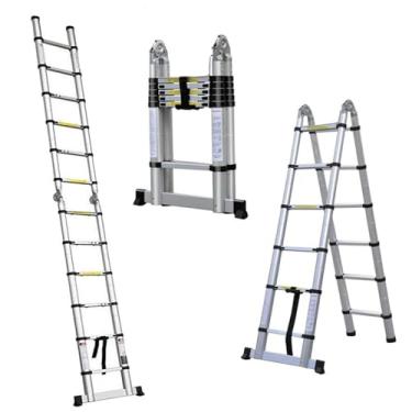 Imagem de HYUIO Escada telescópica de 6+6 degraus (1,9 m + 1,9 m), escada dobrável portátil com moldura A, dobrável leve para serviço pesado, comprimento estendido 3,8 m, capacidade de carga de 136 kg