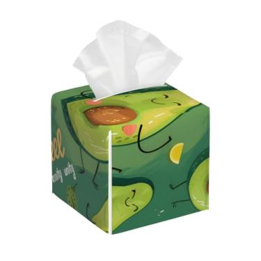 Imagem de Capa quadrada de couro para caixa de lenços à prova d'água, frutas, abacate, organizador de papel facial verde fofo com cinto inferior, estojo de lenços para mesa, banheiro, escritório, mesa, carro