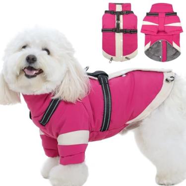 Imagem de Casaco de cachorro de gola rolê com arnês embutido - P, forro macio e quente | Arreios refletivos ajustáveis para cães pequenos, dia de neve, impermeável, jaqueta à prova de vento e resistente ao frio