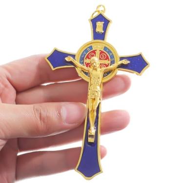 Imagem de KOMI Crucifixo de metal esmaltado azul pequeno crucifixo de São Bento para decoração de casa 12 x 7 cm, cruz de Jesus Cristo, proteção San Benito, presentes de fé católica