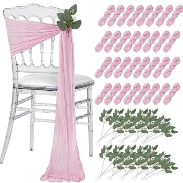 Imagem de SoarDream Faixas de cadeira rosa de gaze de casamento: 32 peças de capa de cadeira de igreja com eucalipto artificial - decorações de corredor de banquete de festa