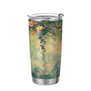 Imagem de xigua Copo de flores silvestres de jardim aquarela com tampa de palha, caneca de viagem a vácuo de parede dupla, caneca de café bem isolada, copo de aço inoxidável para bebidas quentes e frias, 600 ml