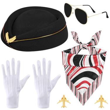 Imagem de VASTRISE 6 peças pretas acessórios de fantasia de comissária de bordo feminina roupas aeromoça chapéu cachecol óculos de sol luvas para Halloween