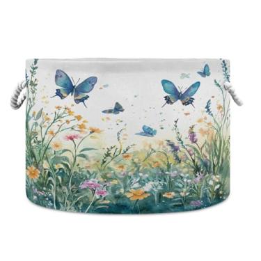 Imagem de Blueangle Cesta de armazenamento de flores silvestres e borboletas de 50,8 cm P x 35,5 cm A – Cesto de lavanderia dobrável extragrande, organizador de brinquedos redondo e armazenamento doméstico à