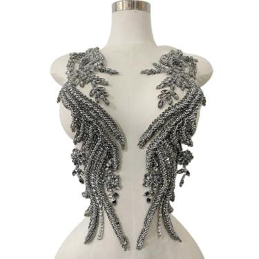 Imagem de Jpumley.pksn Apliques de renda de strass feitos à mão costurados em miçangas para acessórios de roupas de vestido 1 par/bolsa 14 x 20 cm (cinza)