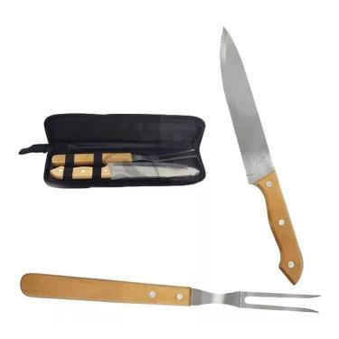Imagem de Kit Churrasco Garfo e Faca Cabo De Madeira para Corte Carne Churras - 2 Peças com Estojo de Nylon - PANAMI