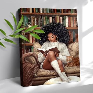 Imagem de Arte de parede afro-americana menina negra lendo fotos de livros em tela decoração de parede presente afro-preto mulheres impressão pintura emoldurada arte para adolescente sala de estar quarto estudo