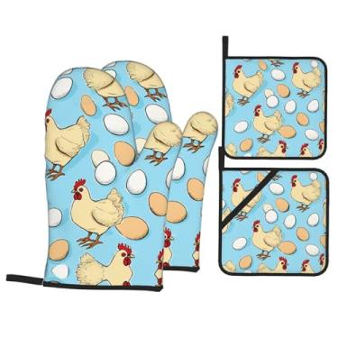 Imagem de Conjunto de luvas de cozinha com estampa criativa de galinha com suportes de tampa, luvas de forno resistentes ao calor para lidar com panelas quentes, grelhar, churrascos, kit de 4 peças.