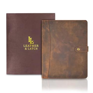 Imagem de Organizador de portfólio de couro genuíno para homens e mulheres – Pasta de padfólio para papel A4/carta com laço para caneta, porta-documentos e compartimentos para cartões – ideal para negócios e