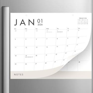 Imagem de Elegante calendário magnético branco e bege para geladeira 2024-2025 | Grande 13,5 x 11 polegadas 18 meses ímã de calendário de geladeira para ambientes contemporâneos de casa e escritório