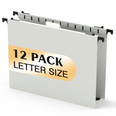 Imagem de Pastas de arquivo de plástico com capacidade extra, pacote com 12 pastas suspensas reforçadas, expansão de 5 cm, tamanho carta para arquivos em massa/gráficos médicos (cinza gelo)