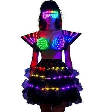 Imagem de Earthradius LED Costume Cosplay Futuristic Light Up Clothing Women Luminous Show Party Dance Rave Outfit Robot Gogo Dancer (M, With Glasses)