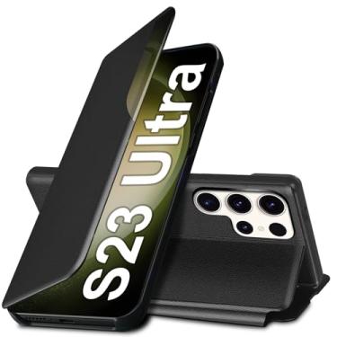 Imagem de Capa S23 Ultra Flip para Samsung Galaxy S23 Ultra 5G, capa de couro slim fit transparente para Samsung S23 Ultra capa de telefone com suporte, resistente, resistente, à prova de choque (preto)