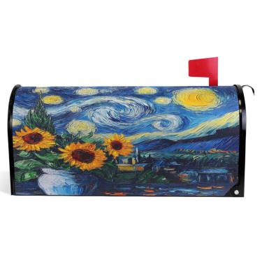 Imagem de TSENQUE Capas de caixa de correio magnéticas decorativas primavera caixa de correio envoltórios vinil noite estrelada girassol azul caixa de correio moderna decoração de jardim tamanho grande 64,5 x