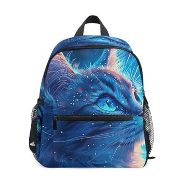 Imagem de GAIGEO Cute Cat Blue Stars Small Toddler Backpack with Whistle, 2 Bottle Pockets, Lightweight, Pre School Backpack 10x4x12 In, for Ages 3-8