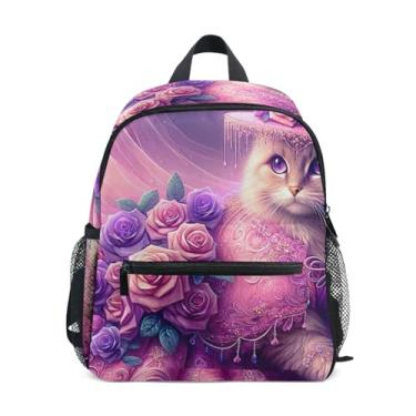 Imagem de GAIGEO Funny Kitten Cat Pink Kids' Backpack with Whistle, 2 Bottle Pockets, Lightweight, Toddler Travel Backpack 10x4x12 In, for Ages 3-8