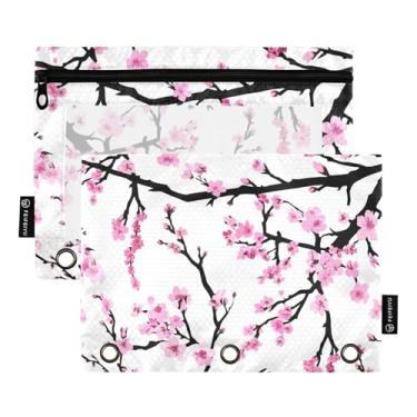 Imagem de Estojo colorido com 3 anéis para fichário rosa flor de cerejeira branco com zíper estojo de lápis fichário transparente pastel escolar 25 cm x 18 cm, 2 pacotes
