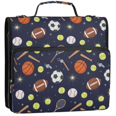 Imagem de Bolas de futebol, beisebol, azul, 3 anéis, 3 argolas com zíper, bolsa organizadora com alça para escola, floral, vários bolsos, pasta grande, 34,5 x 31,5 x 9 cm