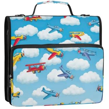 Imagem de Pastas coloridas de aviões de desenho animado de 3 cm 3 anéis, organizador de fichário de zíper resistente, bolsa escolar com alça de ombro para documentos, vários bolsos, pasta grande para portfólio