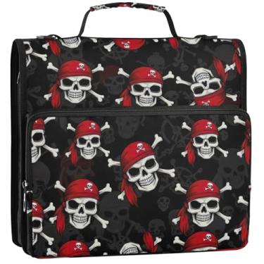 Imagem de Caveiras de pirata pretas 3 argolas com zíper e alça de ombro, vários bolsos, pasta grande, 34,5 x 31,5 x 9 cm