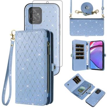 Imagem de Capa de celular para Motorola Moto G Power 5G 2023 com zíper carteira destacável com protetor de tela de vidro temperado, alça transversal com glitter, compartimento para cartão GPower G5 mulheres