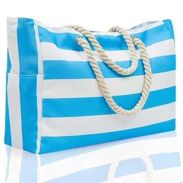 Imagem de Sacola grande com listras Boho – Qualidade, elegante e multifuncional com zíper – Bolsa de praia espaçosa para viagens, Azul-celeste