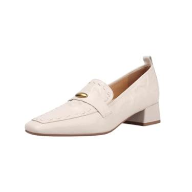 Imagem de TinaCus Mocassins casuais de couro genuíno feitos à mão com bico quadrado de salto baixo, Bege, 36