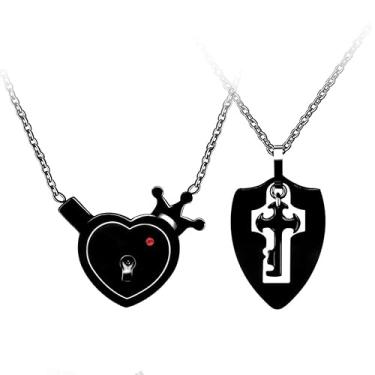 Imagem de Uloveido Conjunto de colares masculinos e femininos com pingente de chave e cadeado de aço inoxidável para casais, colar de chave em forma de escudo dele e dela e pingente de coroa de coração para