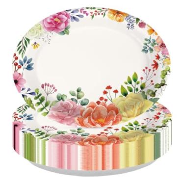 Imagem de Greencian 50 peças de pratos de papel ovais florais de primavera, descartáveis, resistentes, grandes, silvestres, prato floral selvagem, para chá de panela, casamento, aniversário, dia das mães