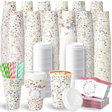 Imagem de Jingmore 120 conjuntos de copos de café descartáveis de 473 ml, com tampas, mangas, canudos, copos de papel para bebidas quentes e frias, casa, negócios, café, artigos de festa de aniversário (flores