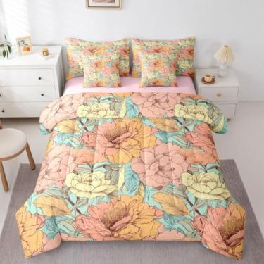 Imagem de Erosebridal Conjunto de edredom queen retrô com tema dos anos 70, flores descoladas, hippie e descolada, com lençol de jardim natural, botânico, decoração de quarto