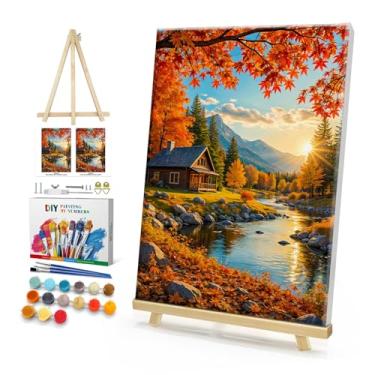 Imagem de HeeBenor Kit de pintura emoldurada por números para adultos, pintura de paisagem do pôr do sol por número com cavalete, pintura a óleo de cabine DIY por número, kits de pintura para adultos por