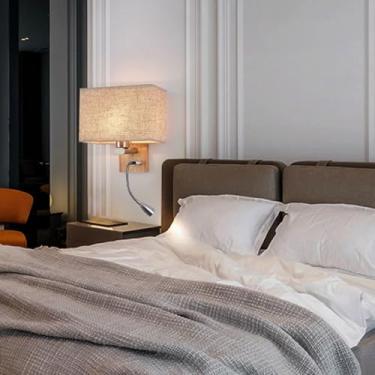 Imagem de GZZBMY E27 Arandela Lâmpada de Parede Interior LED Lâmpada de Leitura 360° Giratória Lâmpadas de Parede com Interruptor Sombra de Tecido Quadrado Iluminação de Parede Moderna para Sala de Estar Quarto