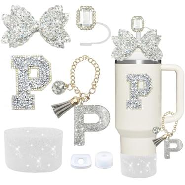 Imagem de Conjunto de acessórios para copos Stanley de prata, 7 peças, decorações de iniciais para Stanley Cup 850 g/1,134 g, inclui tampa de canudo de joia, tampa à prova de derramamento, pingente de alça
