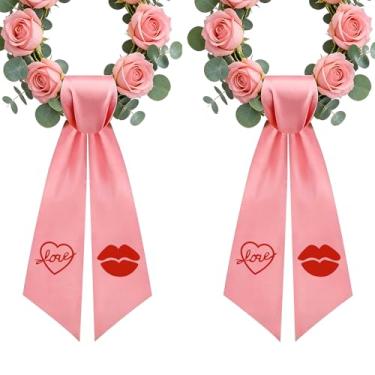 Imagem de Faixa de guirlanda para porta da frente, pacote com 2 cintos de porta de fita de cetim rosa para decoração de porta, janela e jardim, serve para dia dos namorados, Natal e guirlandas sazonais