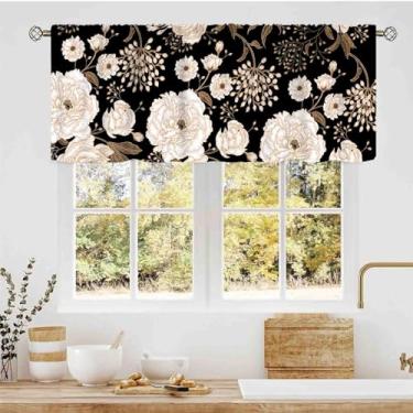 Imagem de Saia de janela dourada preta, boho, vintage, floral, peônia, rosa, gótica, primavera, flor, arte, impressa, estética, bolso para varão, pequenas cortinas curtas para cozinha, café, sala de estar