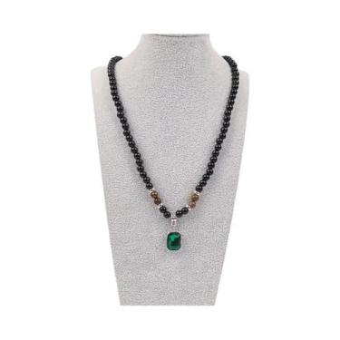 Imagem de Colar Masculino Moderno Com Pingente Quadrado De Contas Pretas, Acessó