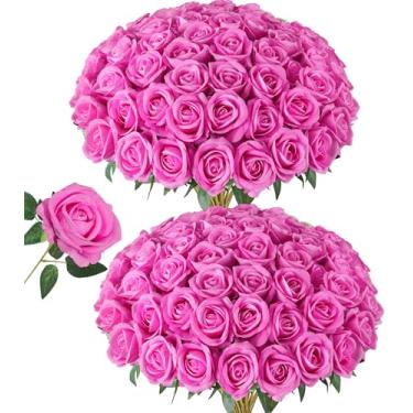 Imagem de 50 peças de flores artificiais de rosas, rosas falsas com caule realista, rosa choque de seda, para buquês de casamento, mesa de centro de mesa, arranjos de chá de bebê, aniversário, decoração de casa