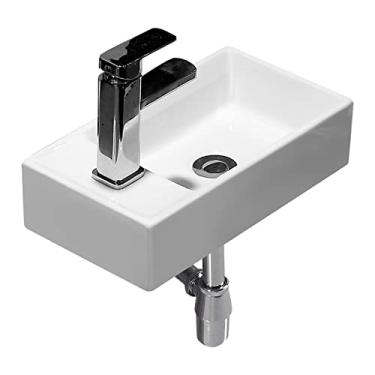 Imagem de pcagfaajmh Pia de banheiro de porcelana branca pendurada na parede pequena bacia de vestiário retangular cerâmica lavatório conjunto de pia com torneira e ralo pia de banheiro pequeno arco de pia de
