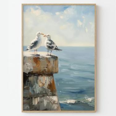 Imagem de Arte de parede em tela gaivota, imagens de pássaros de praia, arte azul costeira, pintura de aves marinhas, paisagem marítima, arte de parede, impressões de pássaros costeiros, abstratas, paisagens
