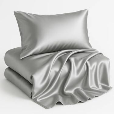 Imagem de Casa Platino Jogo de lençol solteiro de cetim - 3 peças - super macio como seda - 1 lençol com elástico, 1 lençol de cima e 1 fronha padrão - Lençóis de cetim respirável, adequado para quem dorme