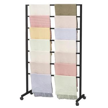 Imagem de pcagfaajmh Suporte de exibição de cachecol de metal com rodas, rack organizador de roupas comerciais móvel independente, prateleira suspensa de 7 camadas (cor: preto, tamanho: 80 x 40 x 145 cm) (preto