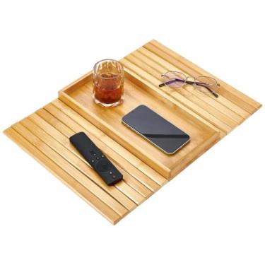 Imagem de UNICRAFTALE Suporte de copo de sofá de madeira dobrável retangular organizador de braço de sofá sem queda Goldenrod bandeja de mesa para sofá, lanches, bebidas, telefone, fundo antiderrapante 33,6 x