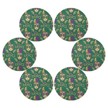 Imagem de Wassud Jogo americano conjunto de 6 tapetes de mesa redondos venezianos Mardi Gras para cozinha e jantar tapetes laváveis resistentes ao calor para decoração de mesa 39 cm