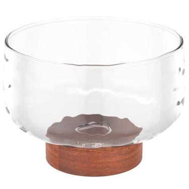Imagem de Tigela grande de vidro de 3,5 L com suporte de madeira elegante, prato de servir versátil para bolo, salada, sobremesa, exibição elegante para festa, casamento, ocasião especial, fácil de limpar