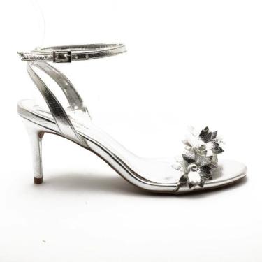 Imagem de Sandália Feminina Sapato da Corte Salto Alto Tira Flores, Prata, 37