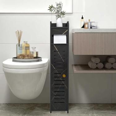 Imagem de Armário de armazenamento estreito no chão do banheiro, suporte de rolo de papel higiênico independente com porta, unidade organizadora de prateleira de lavanderia de PVC, impermeável, retardador de