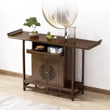 Imagem de Mesa de altar budista de bambu com armazenamento, armário de meditação chinesa de 150 cm, nicho de oferta de santuário pessoal, acabamento em nogueira, perfeita para adoração doméstica e prática